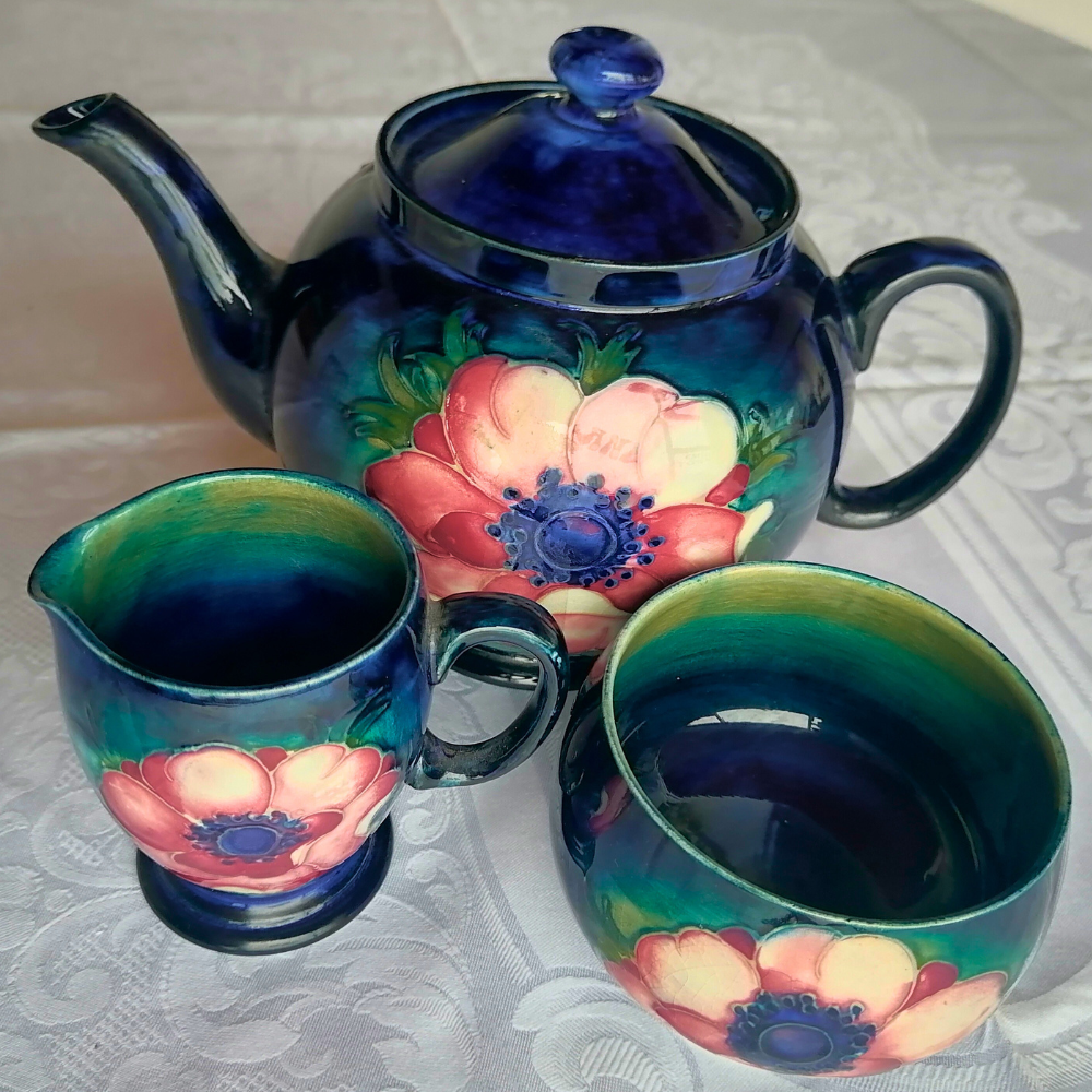 William Moorcroft Anemone 3-Piece Tea Set | Hand-Signed Pottery (c. 1930s-1945) Teapot, Milk, Sugar