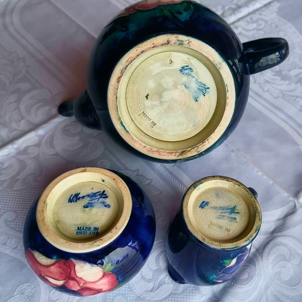 William Moorcroft Anemone 3-Piece Tea Set | Hand-Signed Pottery (c. 1930s-1945) Teapot, Milk, Sugar