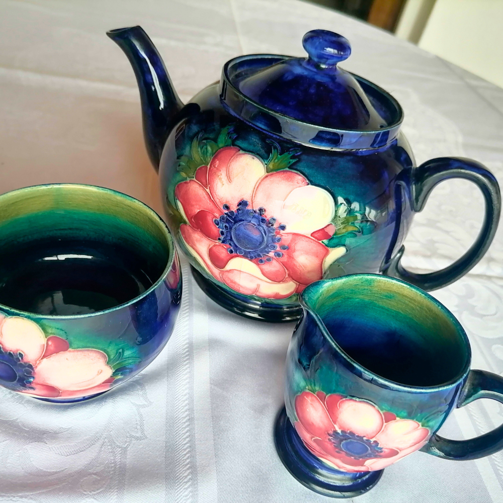 William Moorcroft Anemone 3-Piece Tea Set | Hand-Signed Pottery (c. 1930s-1945) Teapot, Milk, Sugar