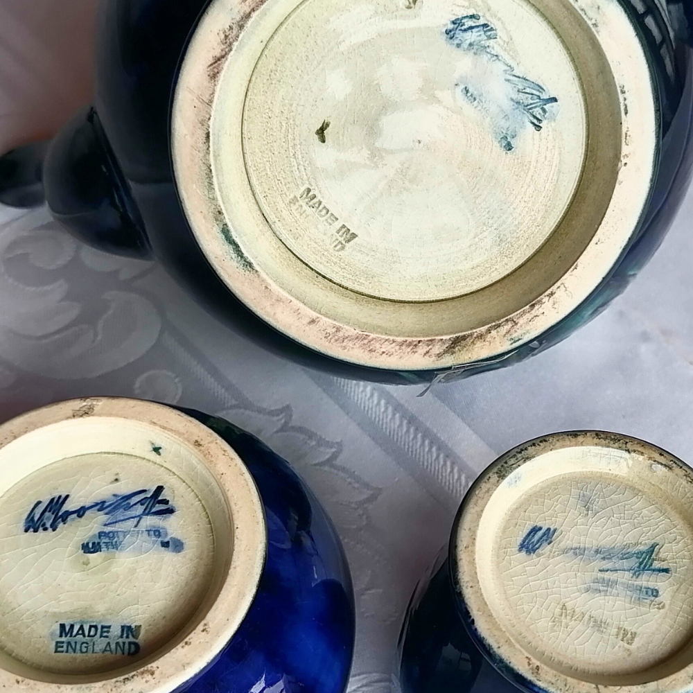 William Moorcroft Anemone 3-Piece Tea Set | Hand-Signed Pottery (c. 1930s-1945) Teapot, Milk, Sugar